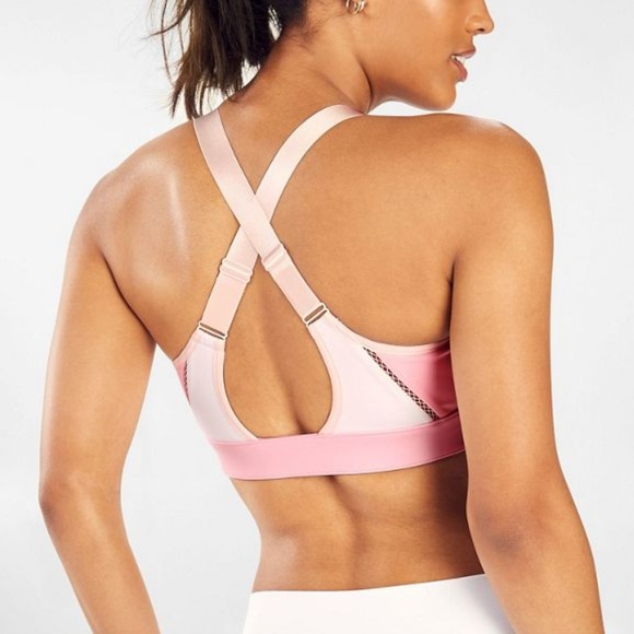 Fabletics Zipper Front Sports Bra Pink White New - Picture 2 of 3